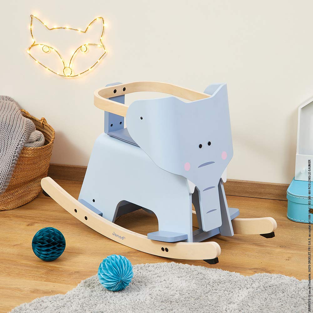 Janod - Elefante Basculante in Legno - Giocattolo Prima Infanzia - per Migliorare L’Equilibrio - Sistema Anti-Basculante, Poggiapiedi, Sella Rimovibile e Arco di Sicurezza - da 1 Anno in su, J08024
