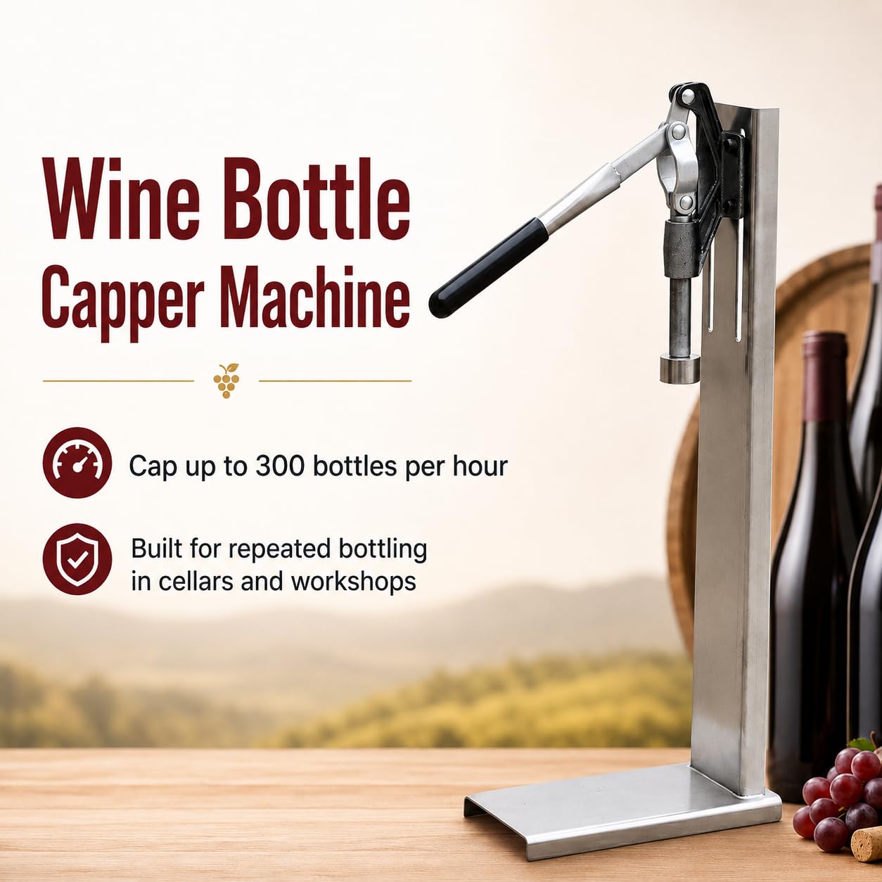 Tappatrice per Bottiglie di Vino, 300 Bottiglie/Ora, Tappi da 20-22 mm
