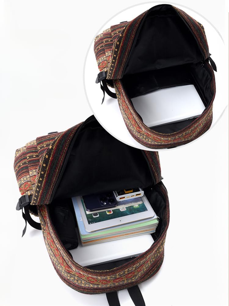 Fashion Boho Canvas Backpack Purse - Large Capacity Tribal Print Rucksack for Women Travel Hiking Bag Cute Vintage (Khaki)