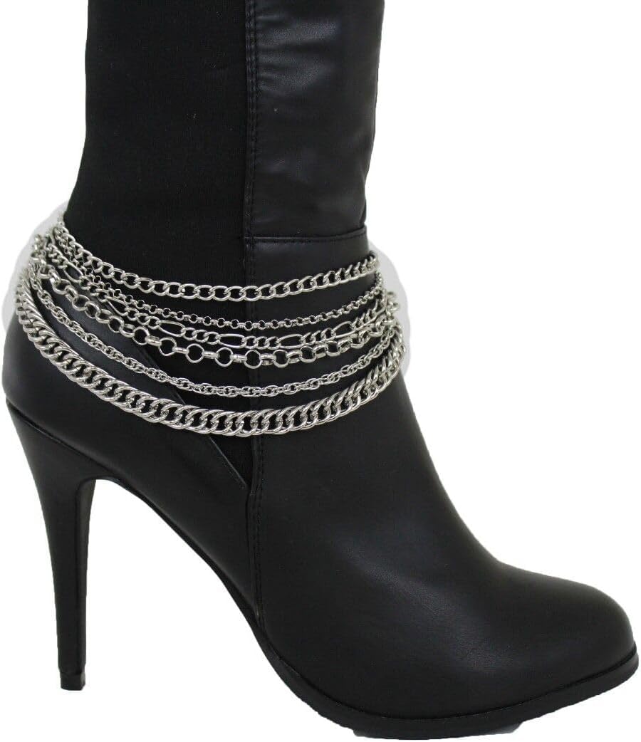 Women Western Fashion Boot 2 Bracelets Metal Chain Heel Shoe Multi Strand Wave Anklet Silver PAIR
