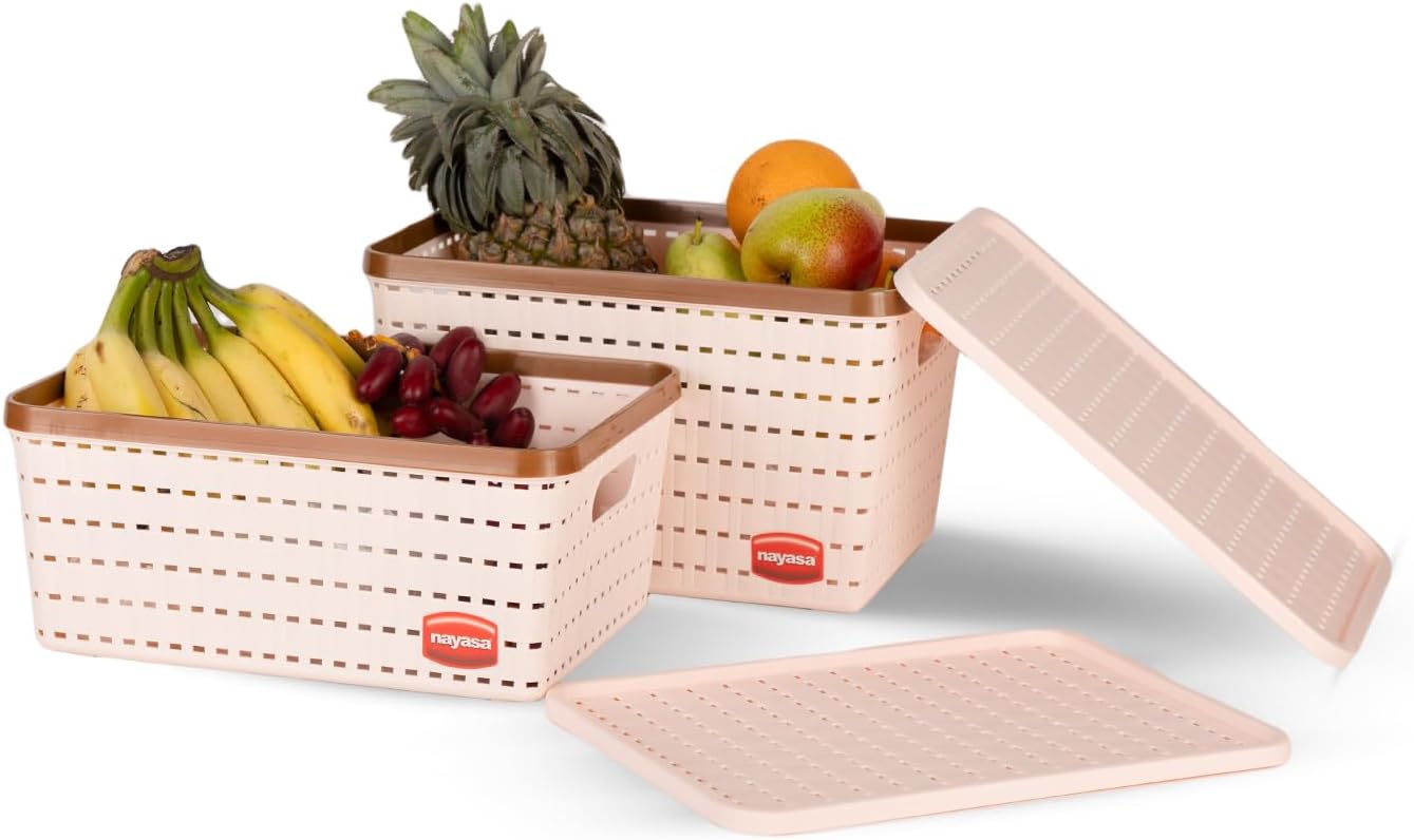 Gloria 2 Piece Plastic Basket, 1 Big, 1 Medium, Peach, Square