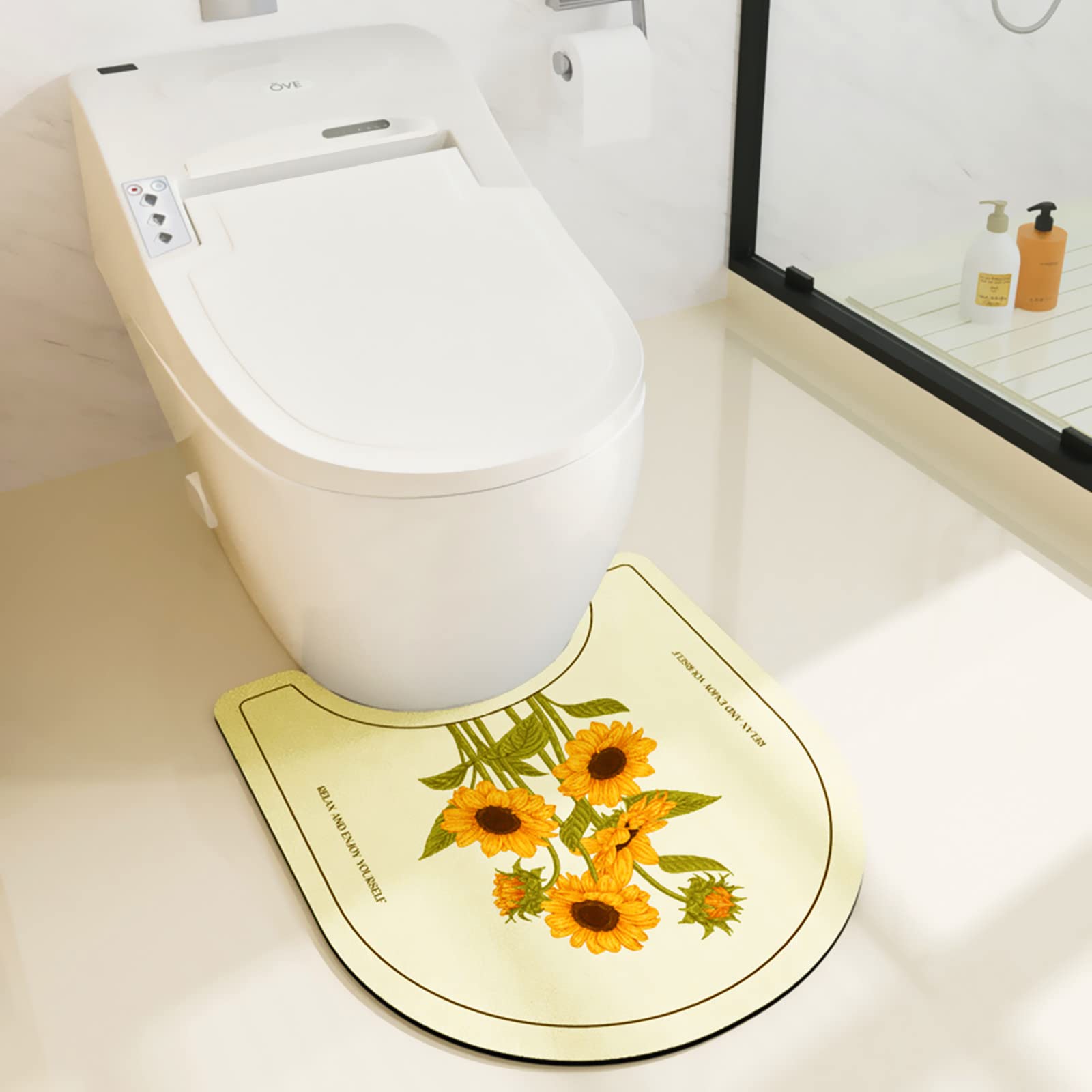 Floral Bathroom Contour Rug 21.6''×19.6'' Sunflower Absorbent Non Slip Bath Mat Machine Washable Bath Rug for Bathroom U Shape Toilet Rug