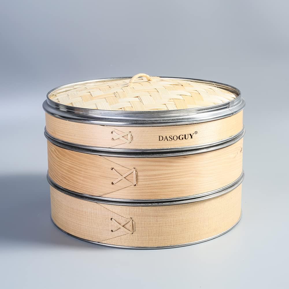 8.2 Inch Handmade Wood Steamer with Whole Metal Rings, 3 Tiers Steam Basket for Dumpling Dim Sum Bun Rice Chinese Food, Includes 1 Set of Chopsticks & 3 Cotton Liners