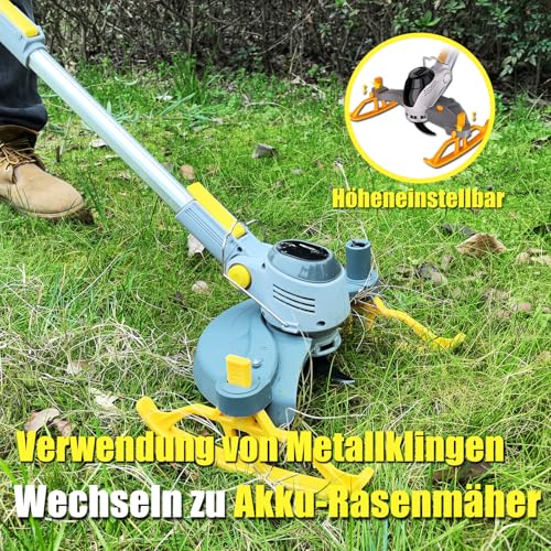 WeGofly 20CM Akku Rasentrimmer, (2 x 21V 5.0A Akku und schnelles Ladegerät), 4-in-1-Rasentrimmer/Radkantenschneider/Mini Rasenmäher/Freischneider, Motorsense Akku Mit 3-Schneidemethoden 6