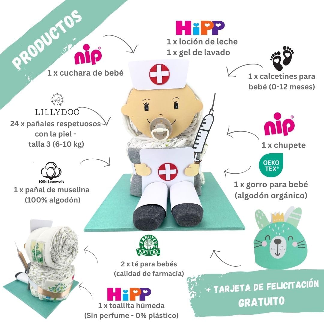 myBambini ® Tarta de Pañales Enfermera y Cuidadora - Niños y Niñas - Neutro Unisex - Regalo de nacimiento - Baby shower - Baby - Fiesta del bebé - Productos para bebé - Trapo para eructar