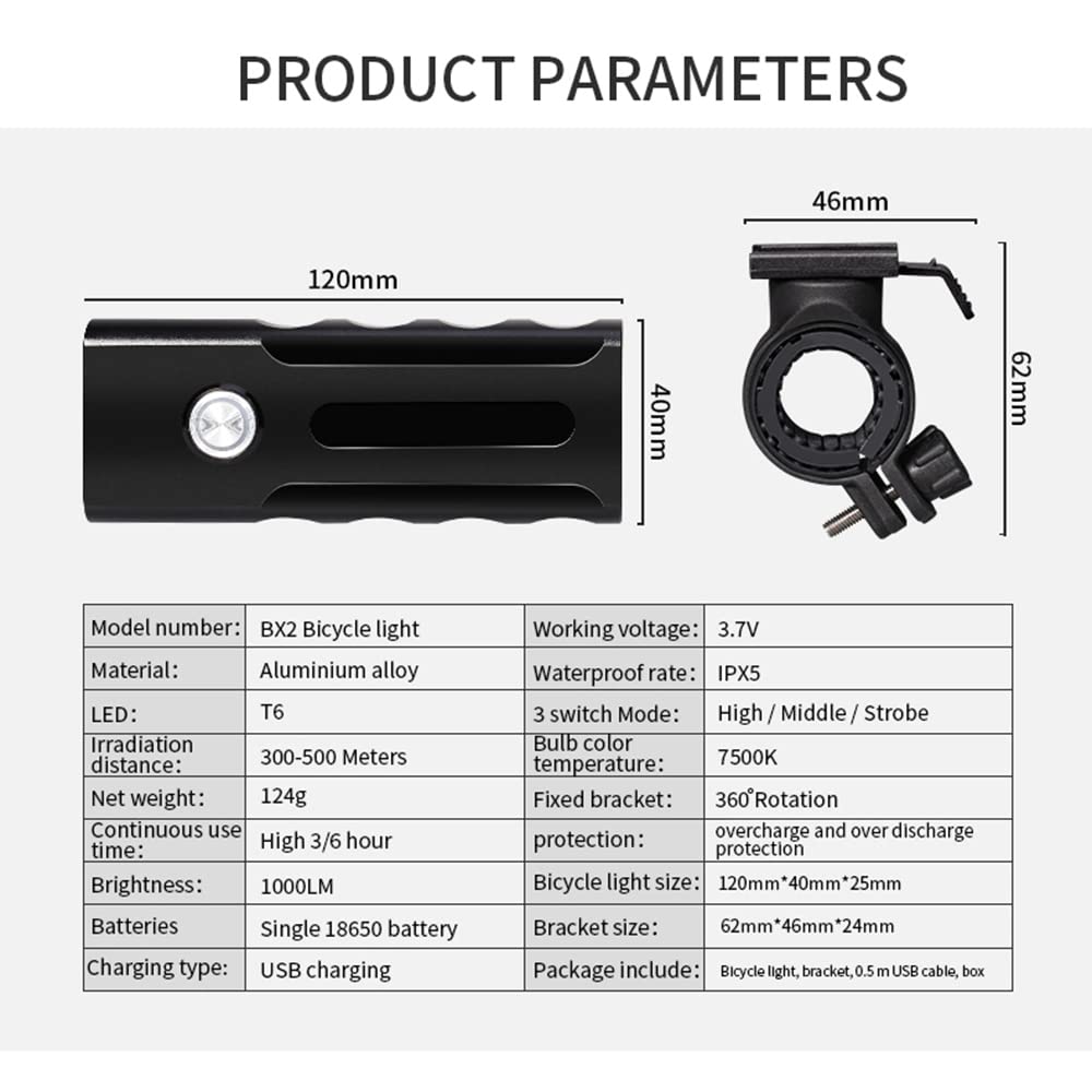 Lampe Frontale de vélo LED 1000 LM, Rechargeable par USB avec Batterie Externe, 3 Modes d'éclairage, étanche.