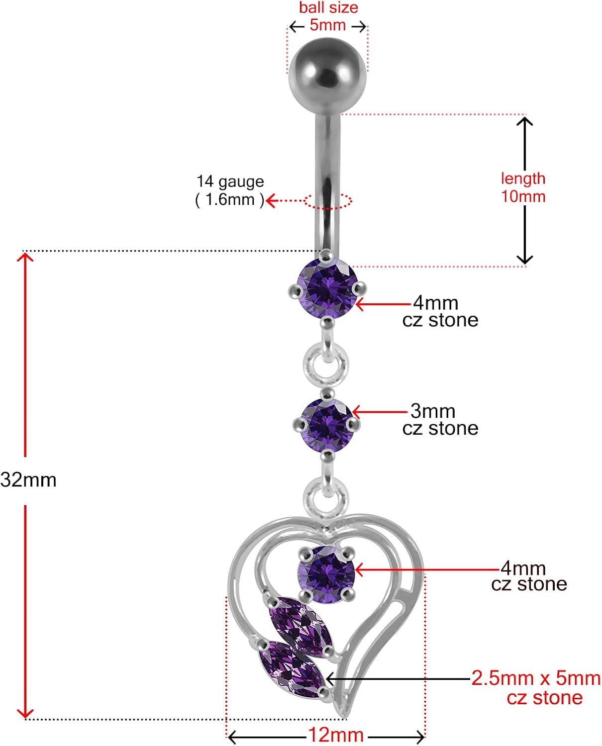 Stylish 2 Round with Cut Out Heart Dangling Design 925 Sterling Silver with Stainless Steel Belly Ring - Belly Button jewelry - Navel jewelry