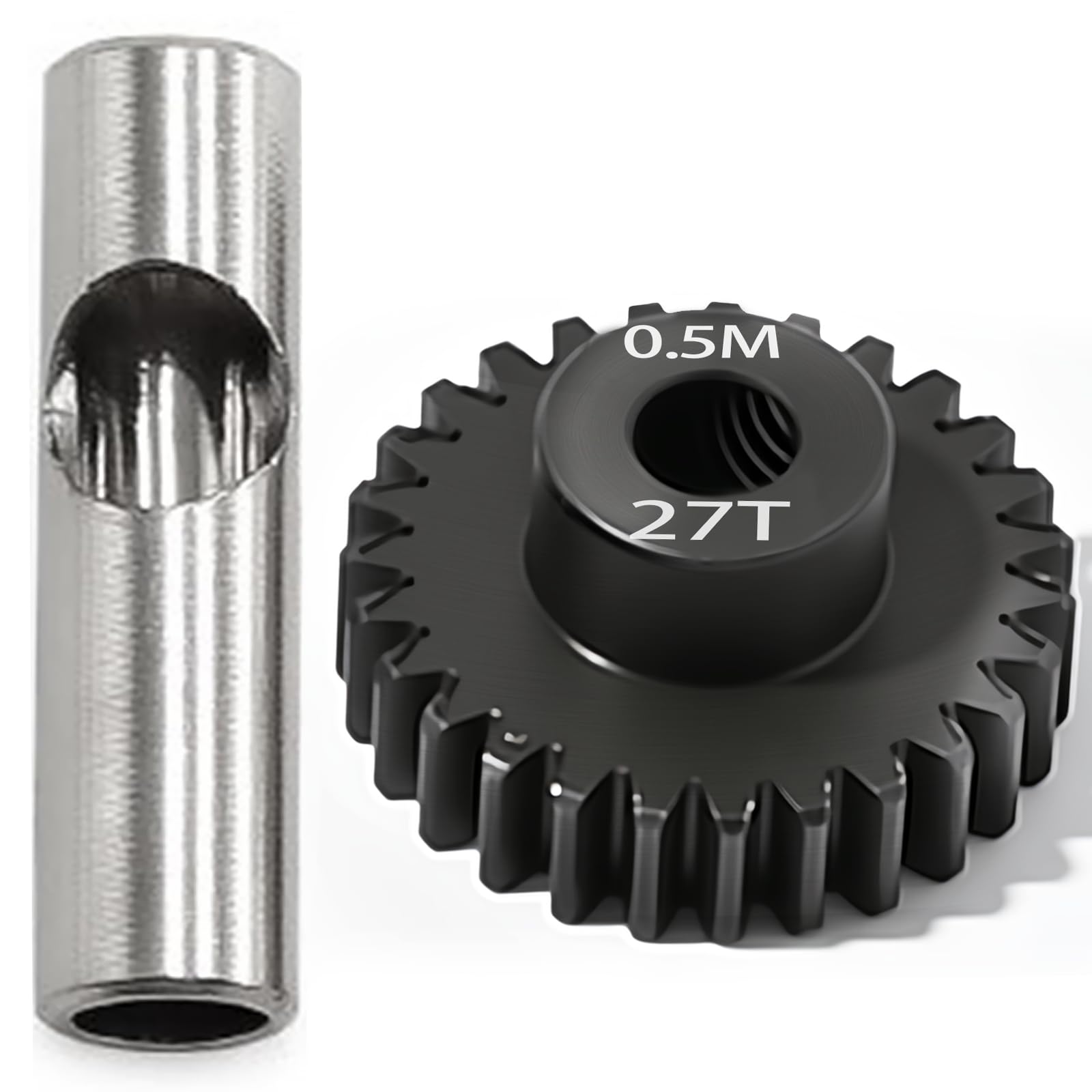 0.5M Pinion Gear 27T Hardened Steel 3.175mm Bore with 2.3mm Adapter, Precision Motor Gear for ARRMA 1/14 Typhon 1/16 Mojave 1/18 Granite, Losi 1/12 NASCAR, 0.5Mod Gear 13T-27T for HOBBYWING Motors