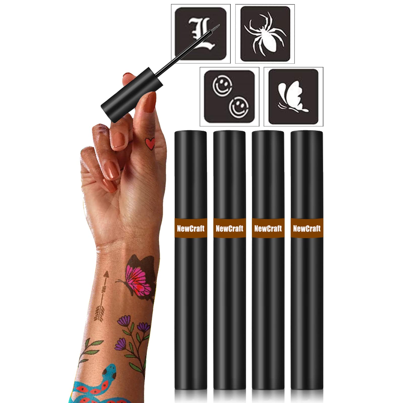 NewCraft 4 Packs Brown Temporary Tattoo Ink and 103 Stencils
