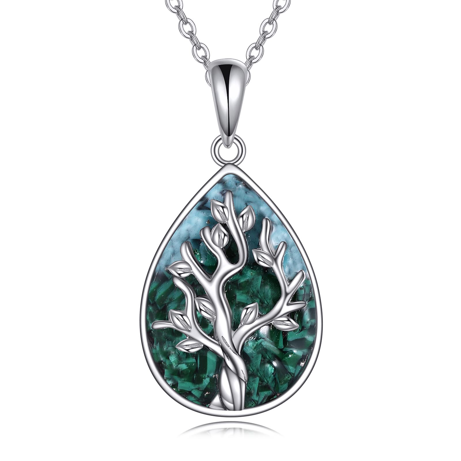 AXELUNA Malachit-Halskette „Baum des Lebens“, Tropfenanhänger aus 925er Sterlingsilber mit Malachit, spiritueller Naturschmuck für Frauen, Geschenk für Wachstum und Verbundenheit