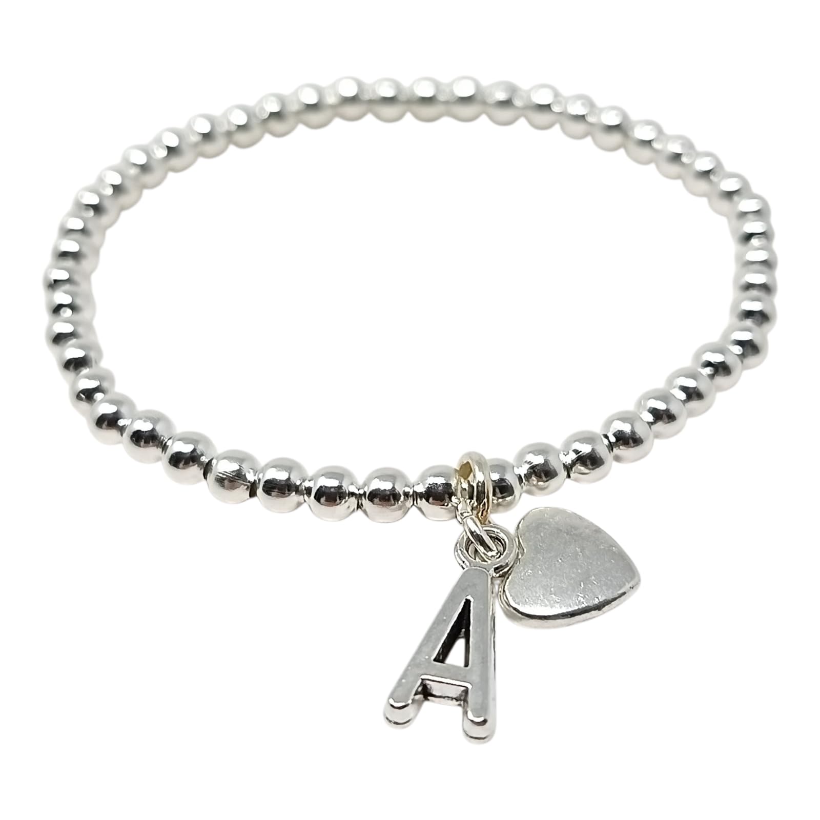 Silver Bead Stretch Stackable Bracelet Heart and Initial Letter for Women Girls Jewellery Gift