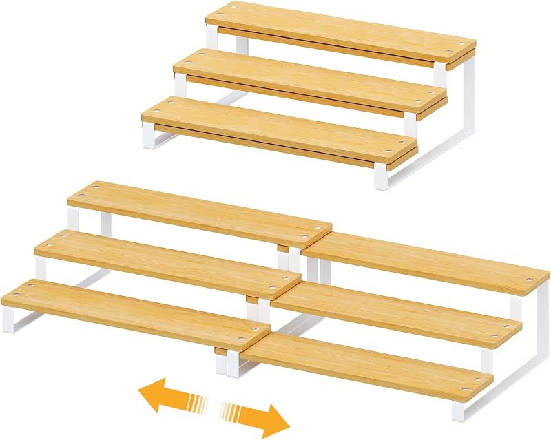 3-Tier Expandable Bamboo & Iron Can Organizer, Holds 30 Cans, White | Adjustable Can Organizer Rack for Pantry & Cabinets, Easy-Access Storage for Soda & Soup Cans, Assembly Required, White