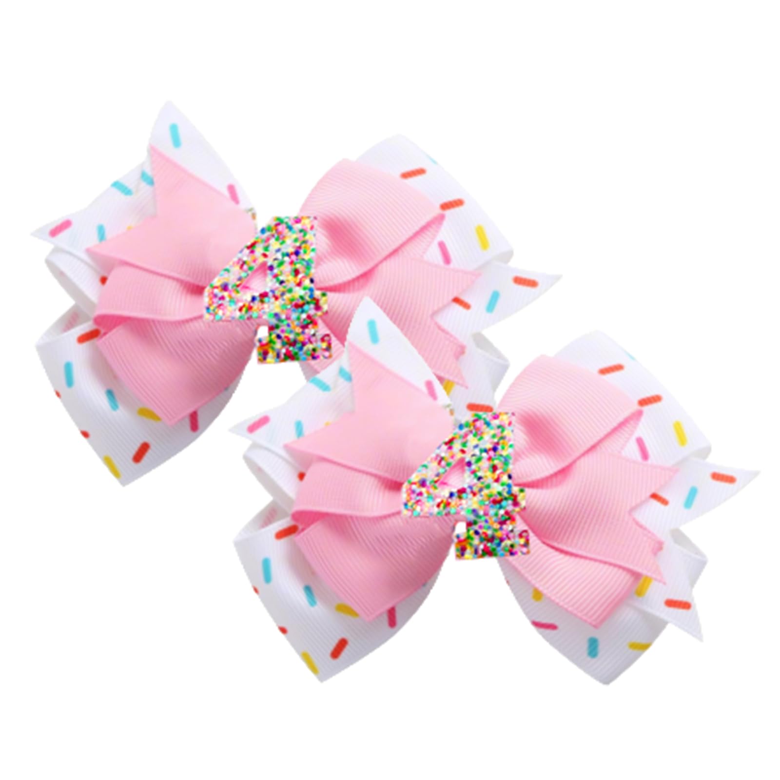 2 Pack 4th Birthday Hair Bow for Girls, Pink Hair Clips Hair Accessories for Girls 1 2 3 4 5 6 Years Birthday Confetti Ice Cream Party Supplies