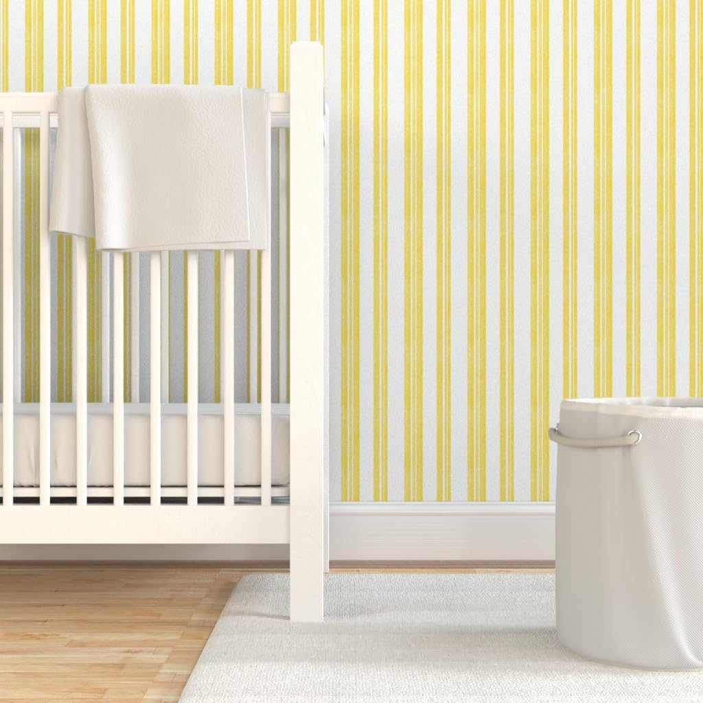 Spoonflower Peel & Stick Wallpaper Swatch - Yellow Painted Stripe Contemporary Limon Modern Coastal Summer Sunny Happy. Large Scale Custom Removable Wallpaper