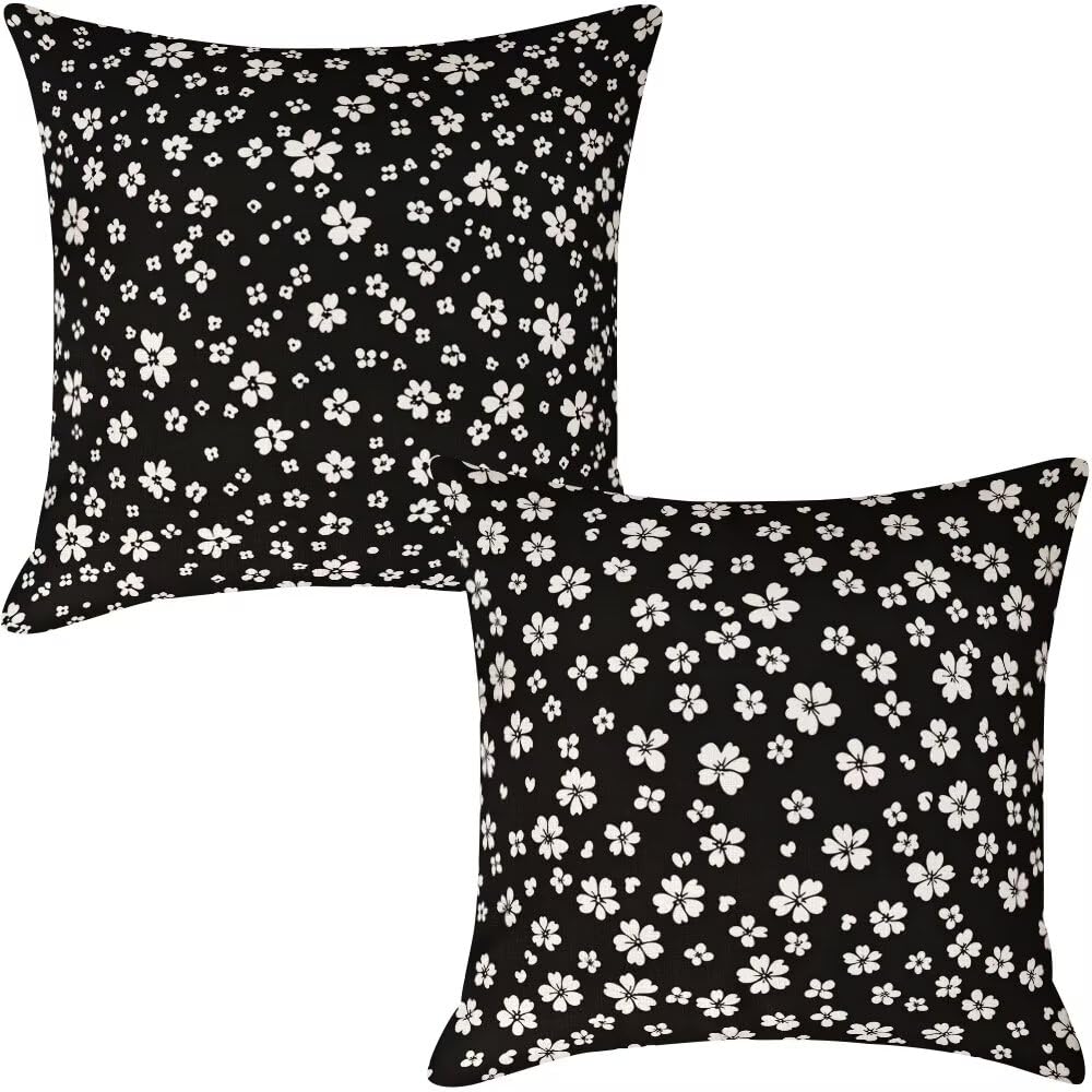 Federe Cuscini da Esterno Impermeabili 65x65 Bianco e Nero Copri Cuscini per Divano Floreale Federa Cuscino Primavera Decorativi Copricuscini per Divano Giardino Patio Soggiorno Set di 2 (IU143)