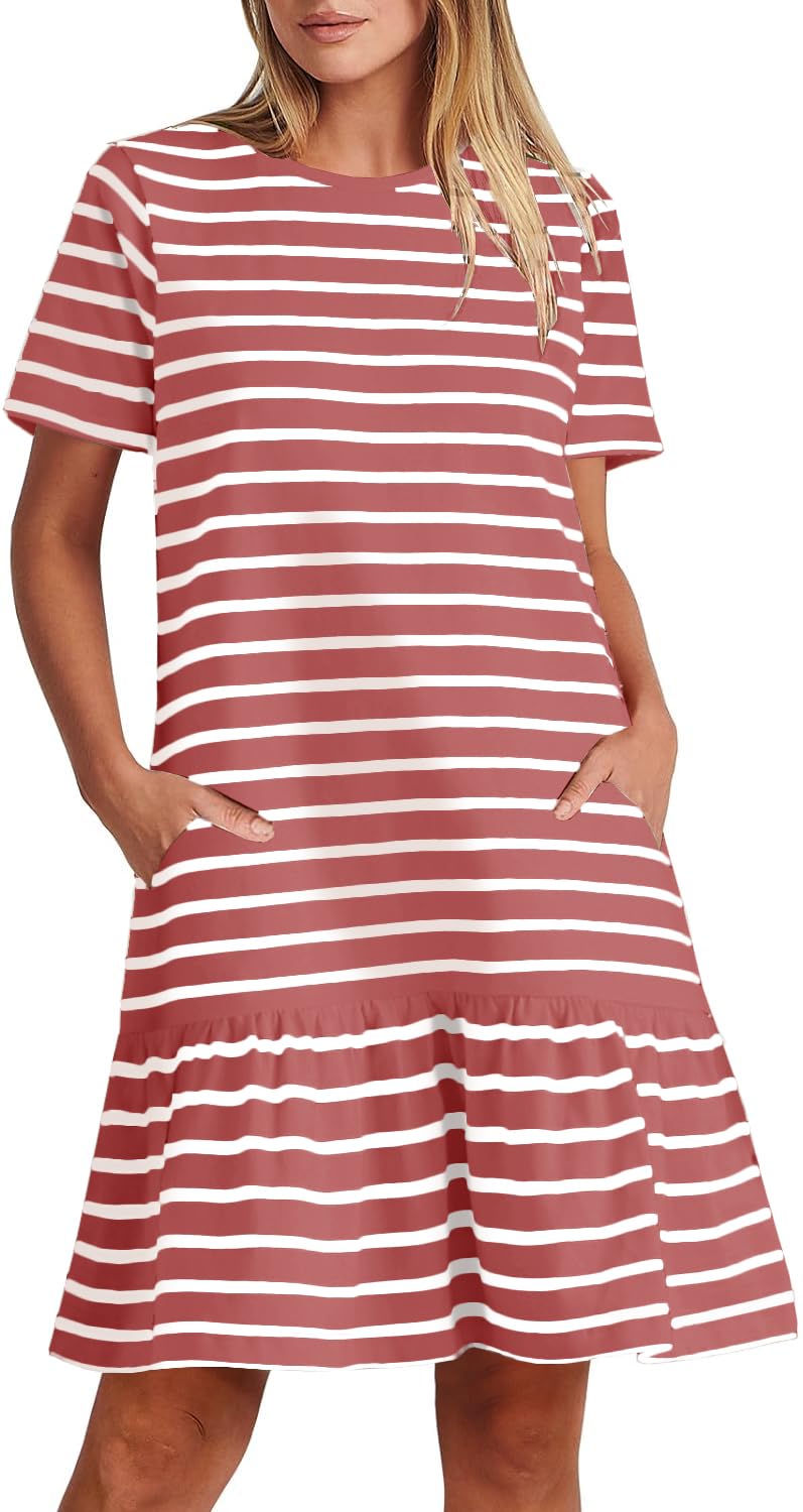 MITILLY Women's Casual Summer T Shirt Dress 2025 Striped Loose Short Sleeve Tunic Dress with Pockets