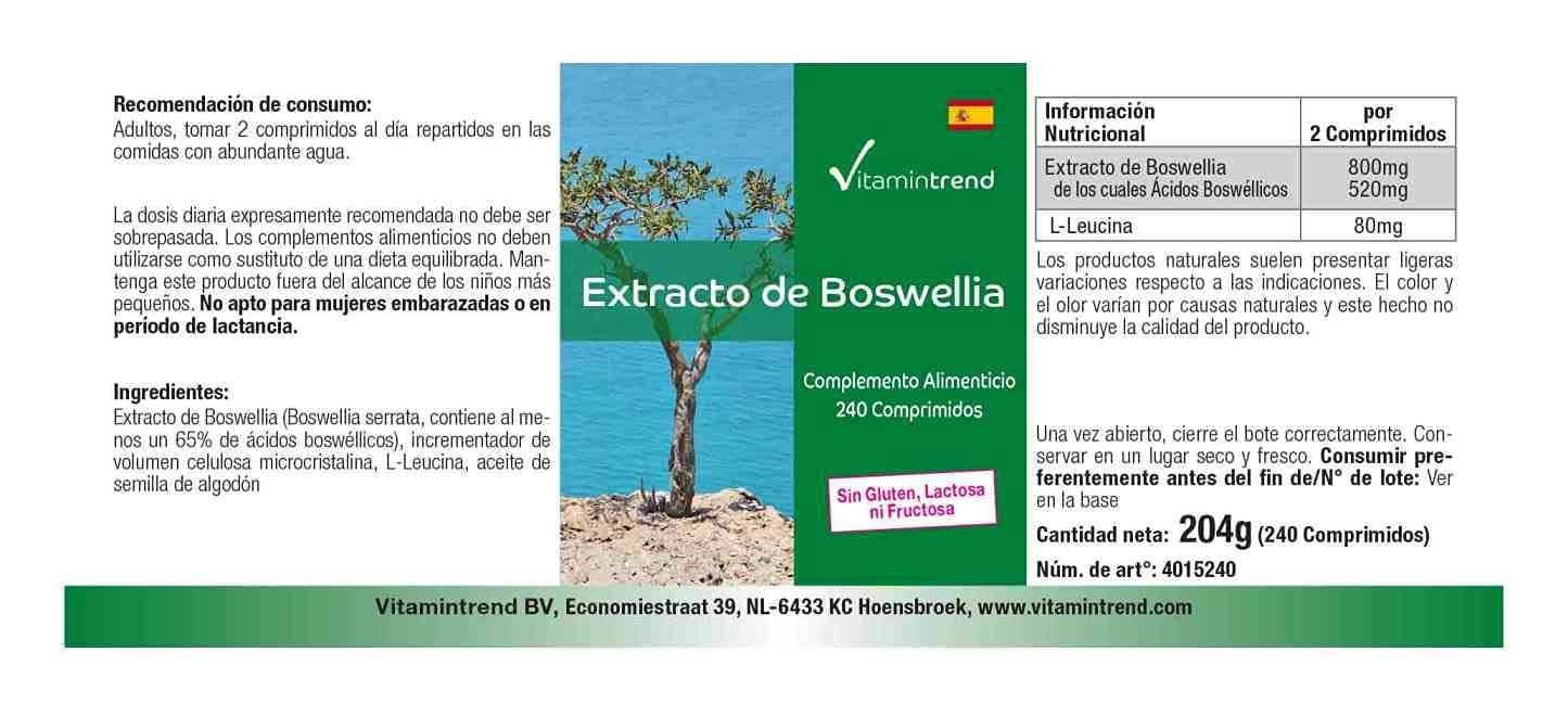 Vitamintrend Extrait de Boswellia, 240 comprimés, standardisé en acides boswelliques, complément alimentaire végan sans stéarate de magnésium, fabriqué en Allemagne