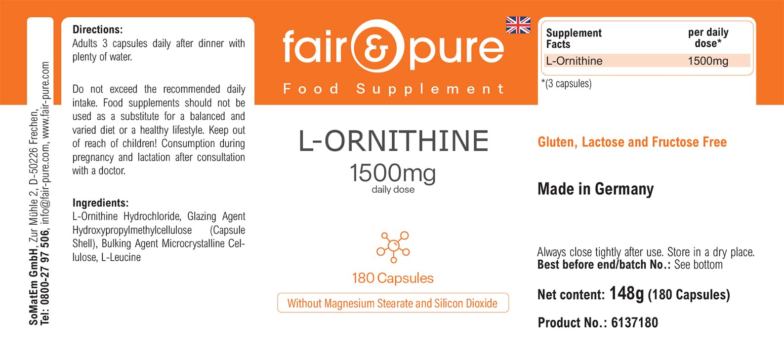 Fair & Pure® - L-Ornitina 1500mg per dose giornaliera - Aminoacido Vegano - Alto dosaggio - 180 Capsule