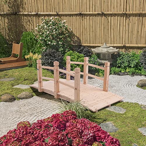 image for VINGLI 5 ft Garden Bridge, Classic Wooden Arch with Safety Rails Natur
