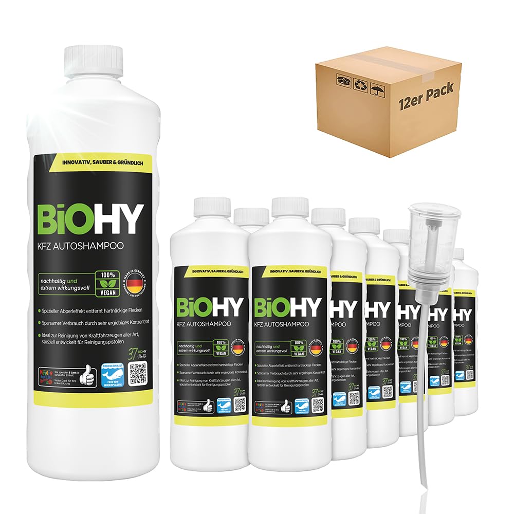 BiOHY Champú para coches (12 botellas de 1 litro) + Dosificador | excelente poder de limpieza y formación de espuma | Produce una fragancia fresca y duradera (KFZ Autoshampoo)