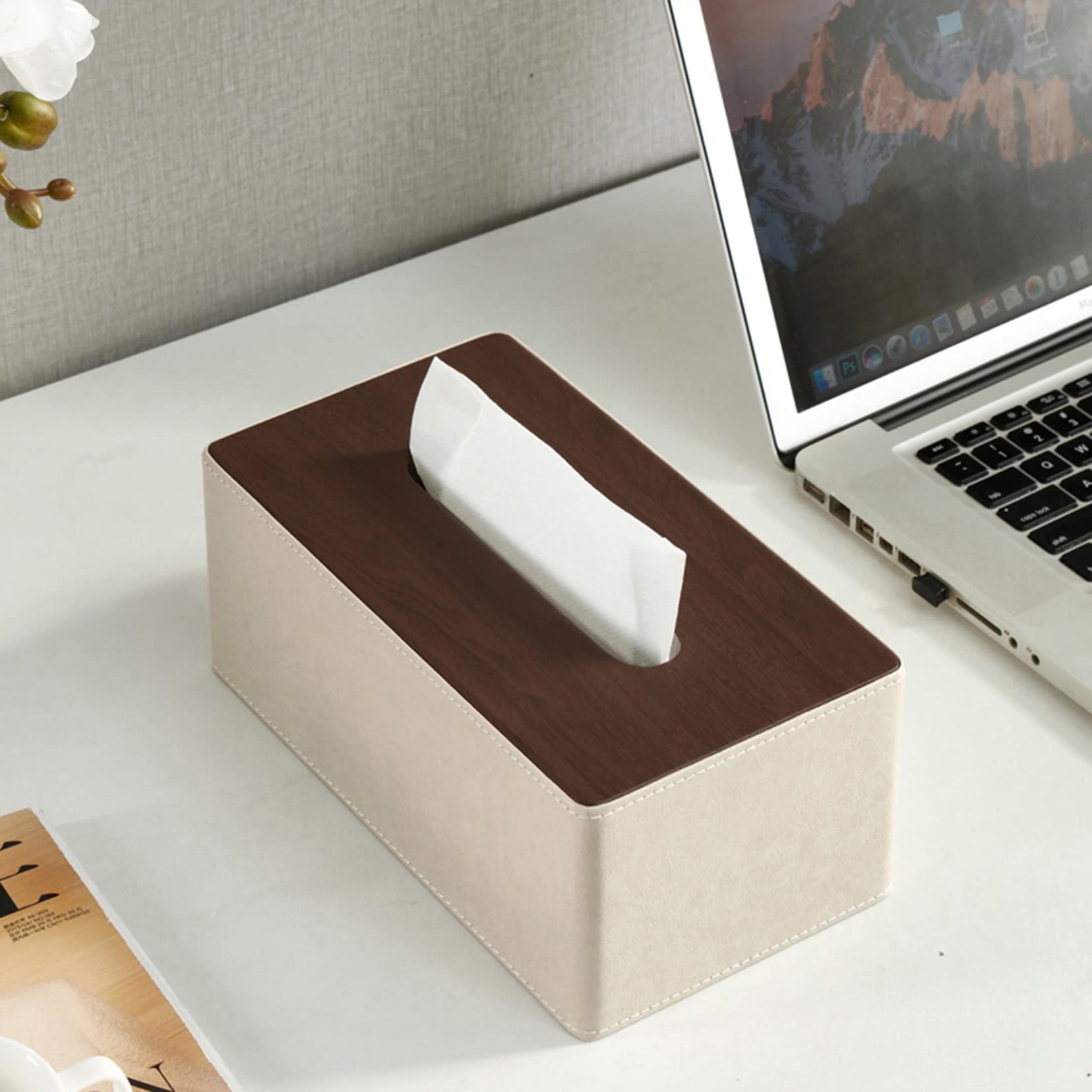 Kwadratowe pudełko na ręczniki Prostokątna drewniana osłona na pudełko na chusteczki, skóra PU, beżowa, różne rozmiary(Beige 1,Small)