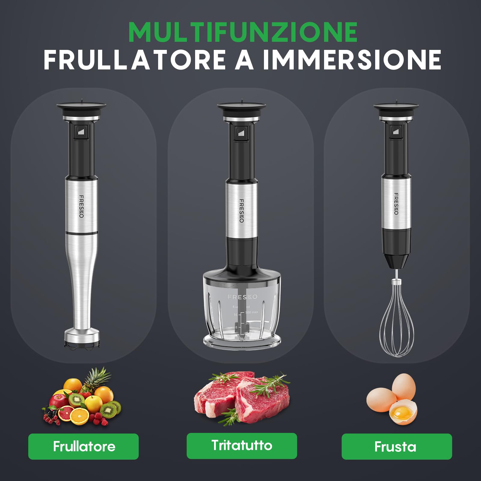 FRESKO Frullatore a Immersione 1000W, Velocità Regolabile, Frullatore in Acciaio Inox con Protezione per Pentole, 4 Accessori, Frullatore Manuale per Alimenti per Bambini, Zuppe, Smoothies