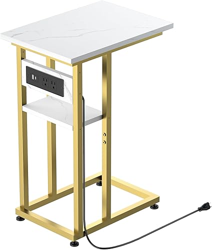 BALEINE Mesa auxiliar con estación de carga, mesa auxiliar en forma de C con puertos y salidas USB-C duales, mesa de sofá, mesita de noche para