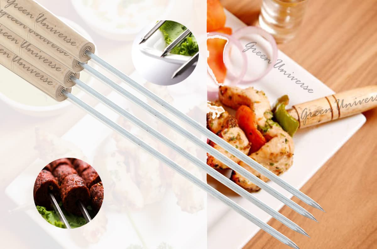 GreenUniverse 4 mm Square & Strong 4pc Tandoor Metal Sticks 14.5 inches || Steel Coated Barbecue Skewers || Metal Alloy Sticks for Grill || BBQ Steel Coated Seekh with Wooden Handle ||(Set of 4 pcs)
