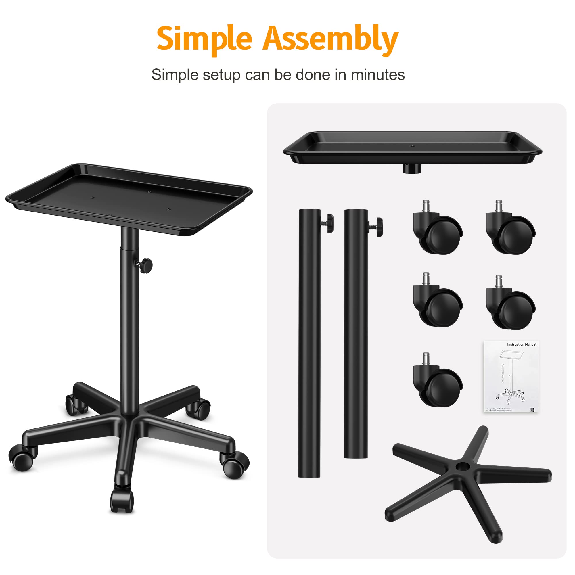 DEER BEAUTY Salon Tray on Wheels - Premium Aluminum Tattoo Tray Rolling Trolley - Adjustable Salon Service Rolling Tray Hairdresser Cart with Clinic Spa Rolling Tray Wheels (): Black