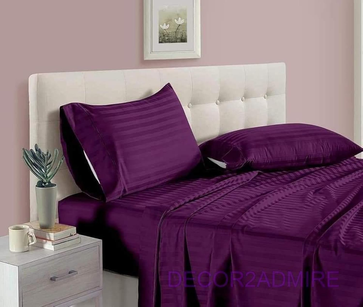 DECOR2ADMIRE 300 TC Pure Cotton Plain Stripe King Size Double Bedsheet for Double Bed with Two Pillow Covers (King, Violet)(100 * 108)