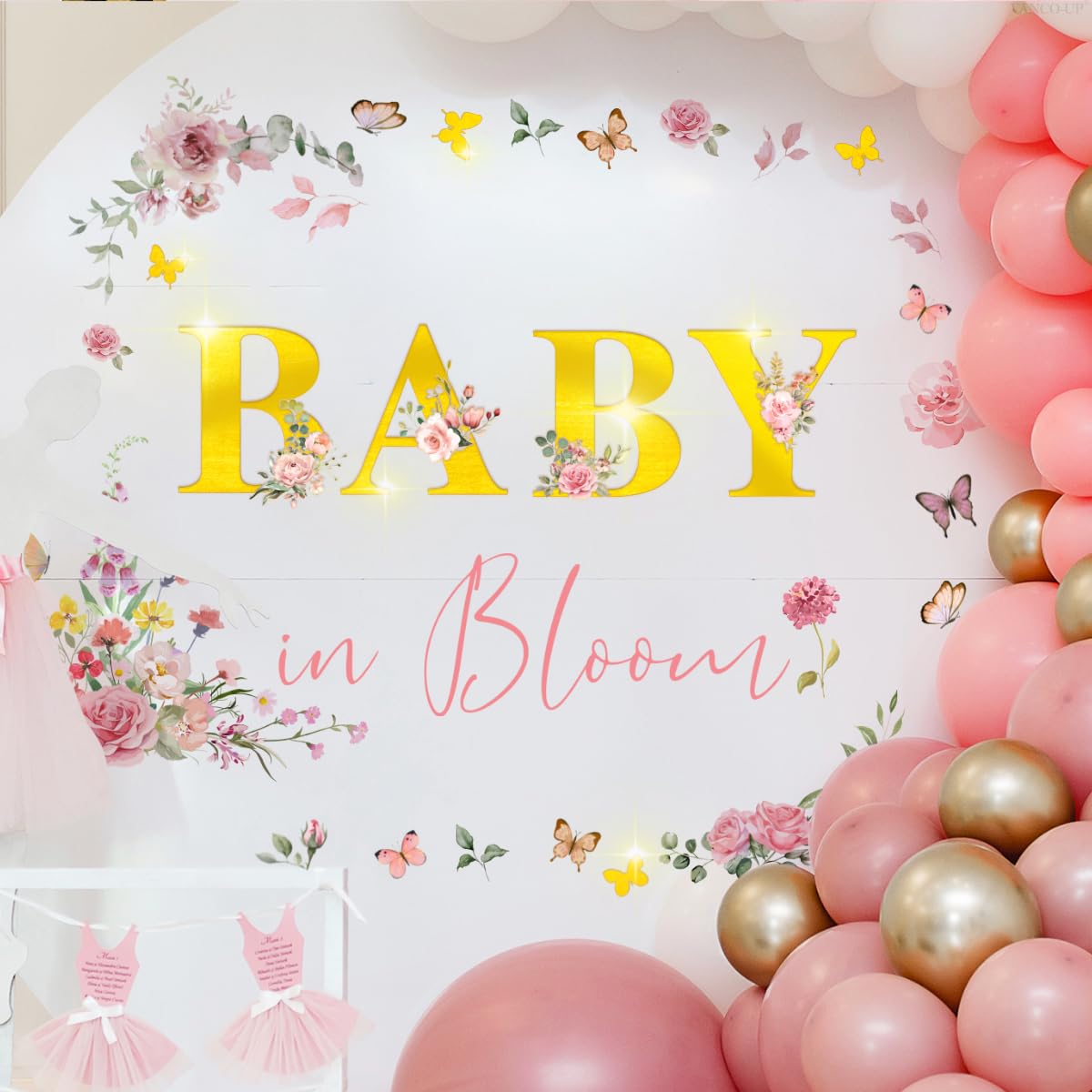 Runtoo Baby Shower Party Decal Sign Baby in Bloom Gold Gender Reveal Wildflower Butterfly Girls Decoration Sticker Backdrop Large Balloon Arch Wall Decor - Image 2