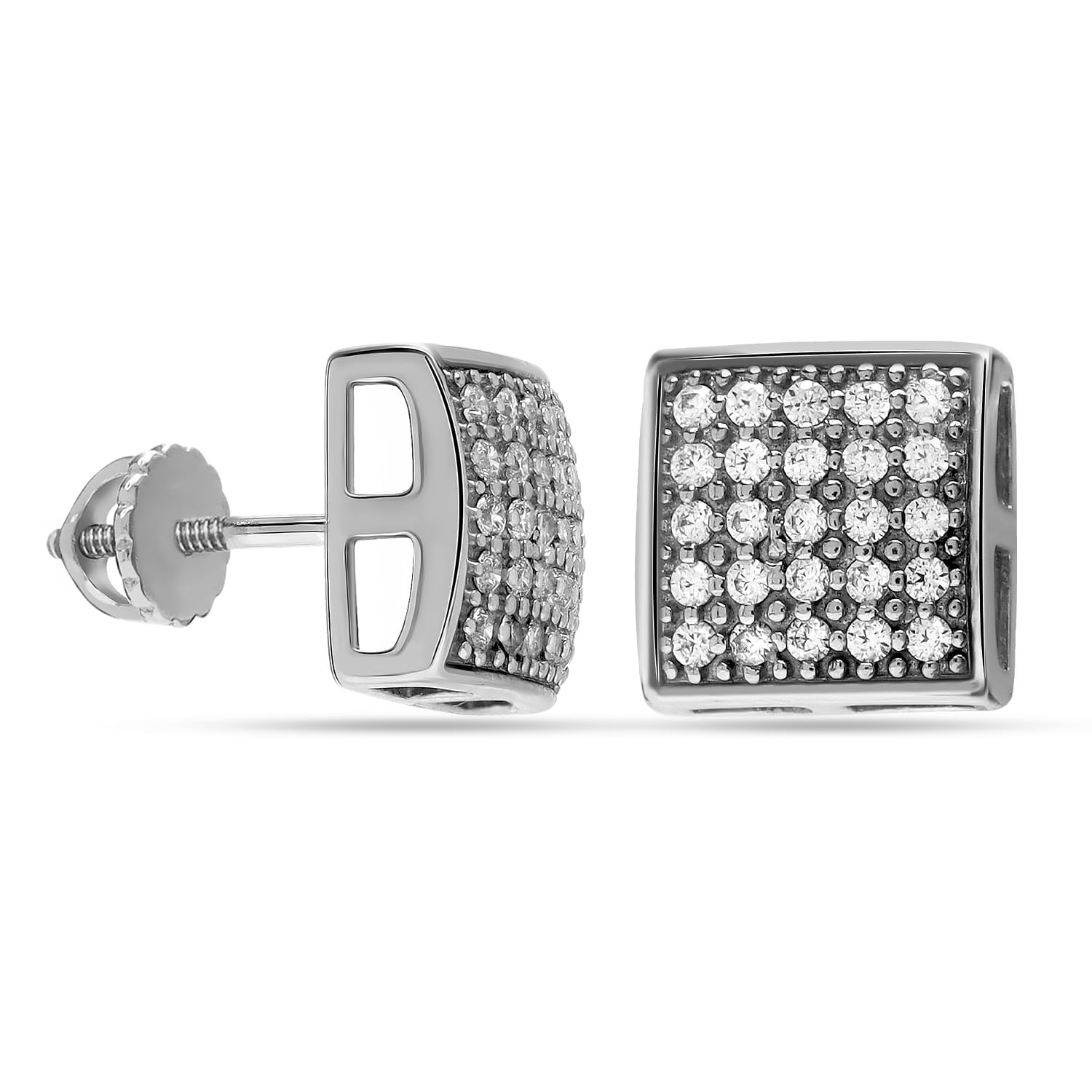 925 Sterling Silver BIS Hallmarked CZ Stud Earrings for Women | Micro Pave Cubic Zirconia Heart & Square Shape Screwback Studs