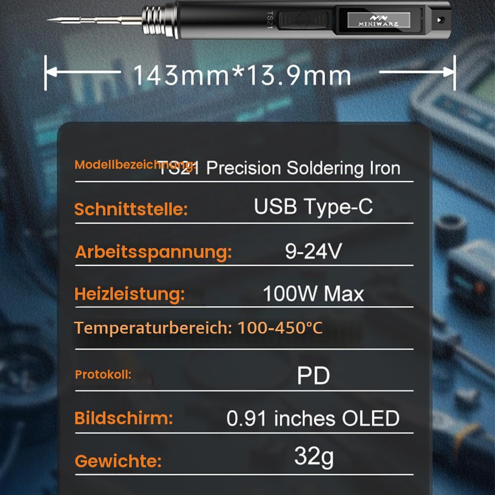 MINIWARE TS21 Digitaler Lötkolben mit 65-W-Netzteil, Gehäuse aus Aluminiumlegierung, präzise Temperaturregelung und Tragbares Design, für Elektronikreparatur, Heimwerker, Bastler, Schwarz