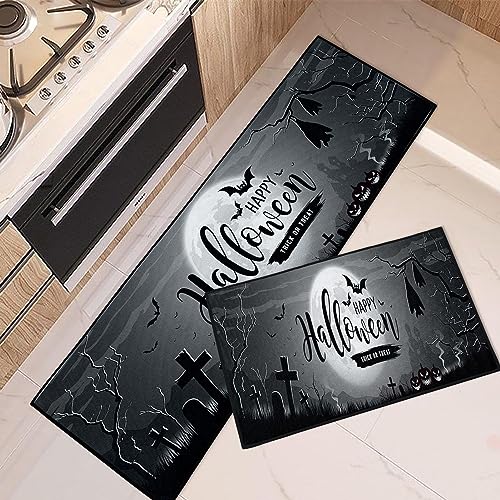 Tayney Grey Kitchen Rugs and Mats Non Skid Washable Set of 2, Happy Halloween Moon Castle Trees Mats for Floor, October Holiday Spooky Trick or Treat Under Sink Kitchen Runner Rug