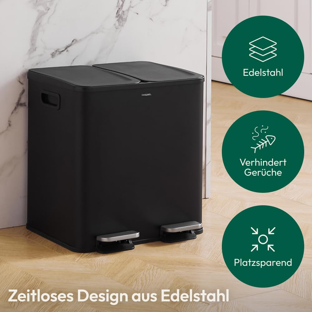 CASABEL Doppel-Küchenmülleimer 2x15L aus Edelstahl, fingerabdruckresistent, luftdichte Deckel mit Fußpedal, ideal für Recycling in Küche, Bad oder Büro - Schwarz