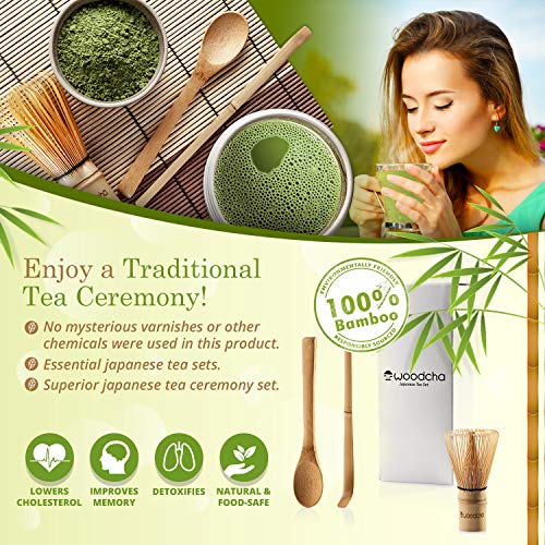 Woodcha Set Included Whisk (Chasen) Scoop (Chashaku) Spoon Traditional Handmade Starter Kit Easy Turns Organic Green Powder Into Ceremonial Matcha Tea, Bamboo Whisk #TOP4