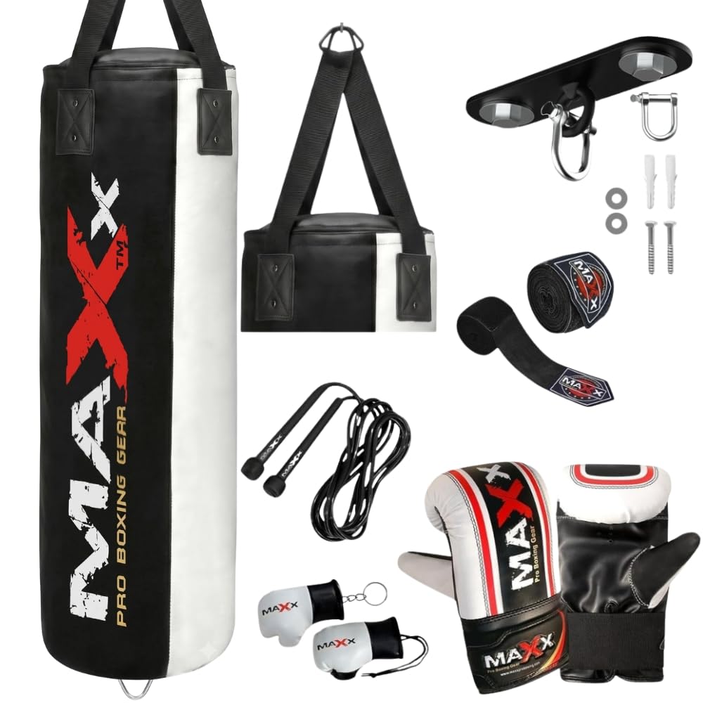 Maxx Black and White 3ft 4ft 5ft 6ft Filled Hanging Boxing Punch Bag Set Heavy Punching bag (10pcs set with Hook, 6FT)