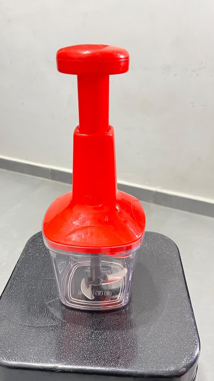 Push Chopper with Stainless Steel Blades, Hand Press Vegetable & Fruit Chopper, Transparent Container, Safe Lock-Unlock System (red)-image-12
