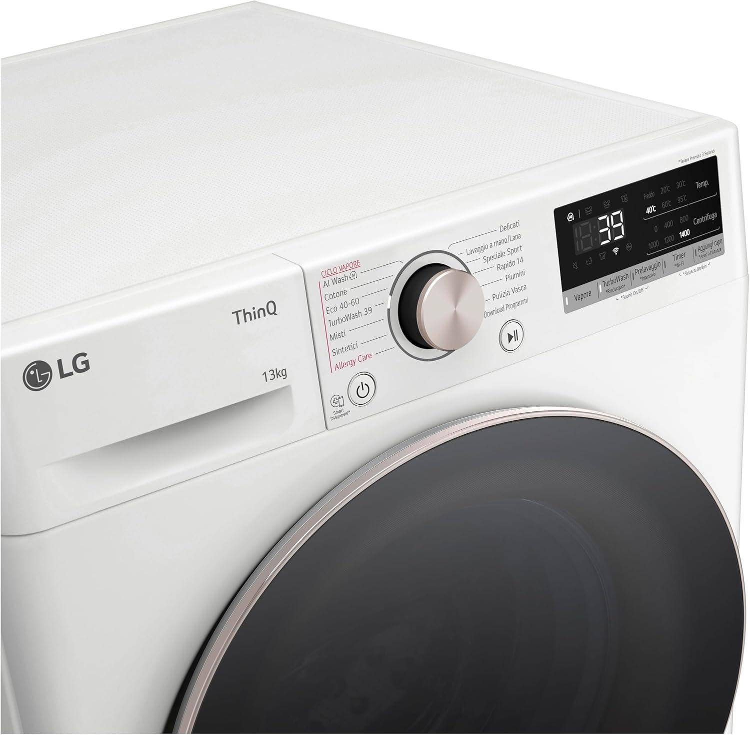 LG AI DD F4R7013TSWG Lavatrice 13kg, a Carica Frontale, Serie R7, Lavatrice Classe A -20%, 1400 giri, TurboWash 360, Vapore su 7 Programmi, Wi-Fi, Inverter Direct Drive, Libera installazione, Bianco