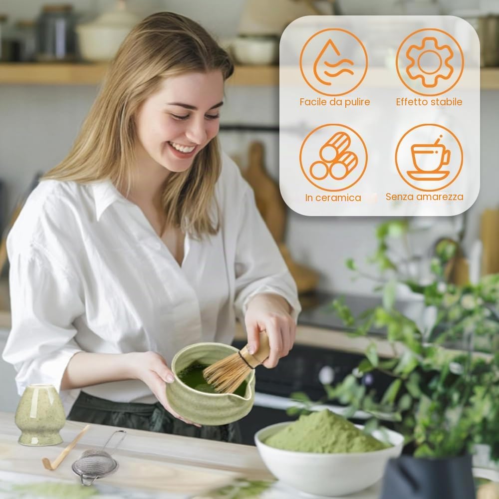 Matcha Kit,Questo Set Matcha Cerimoniale Include un Frusta Matcha,una Ciotola,un Cucchiaio e un Supporto(verde matcha)