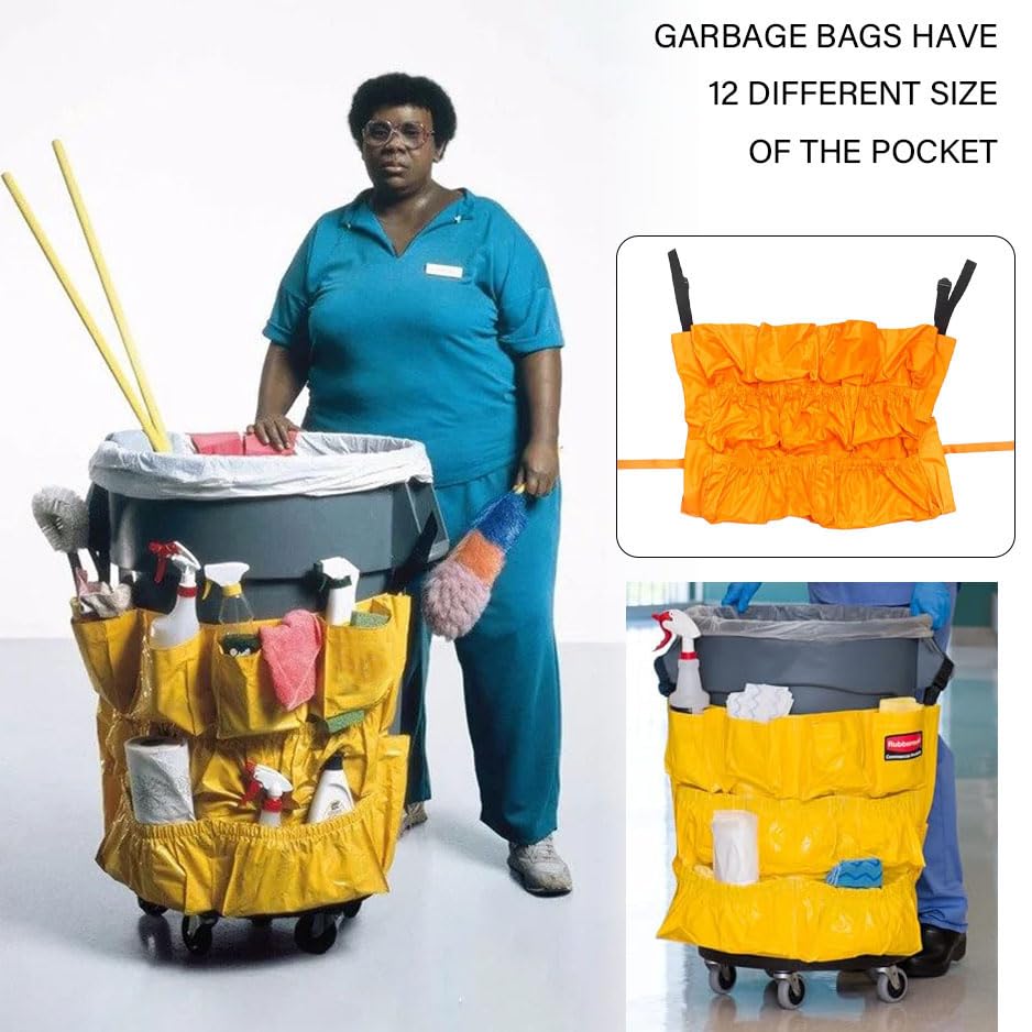 Image of Yellow Trash Can Caddy Bags for Garbage Bins,10 Pockets Commercial Cleaning Caddy Bag,Fit 32-50 Gallon Can,Garbage Bin Caddy Organizer