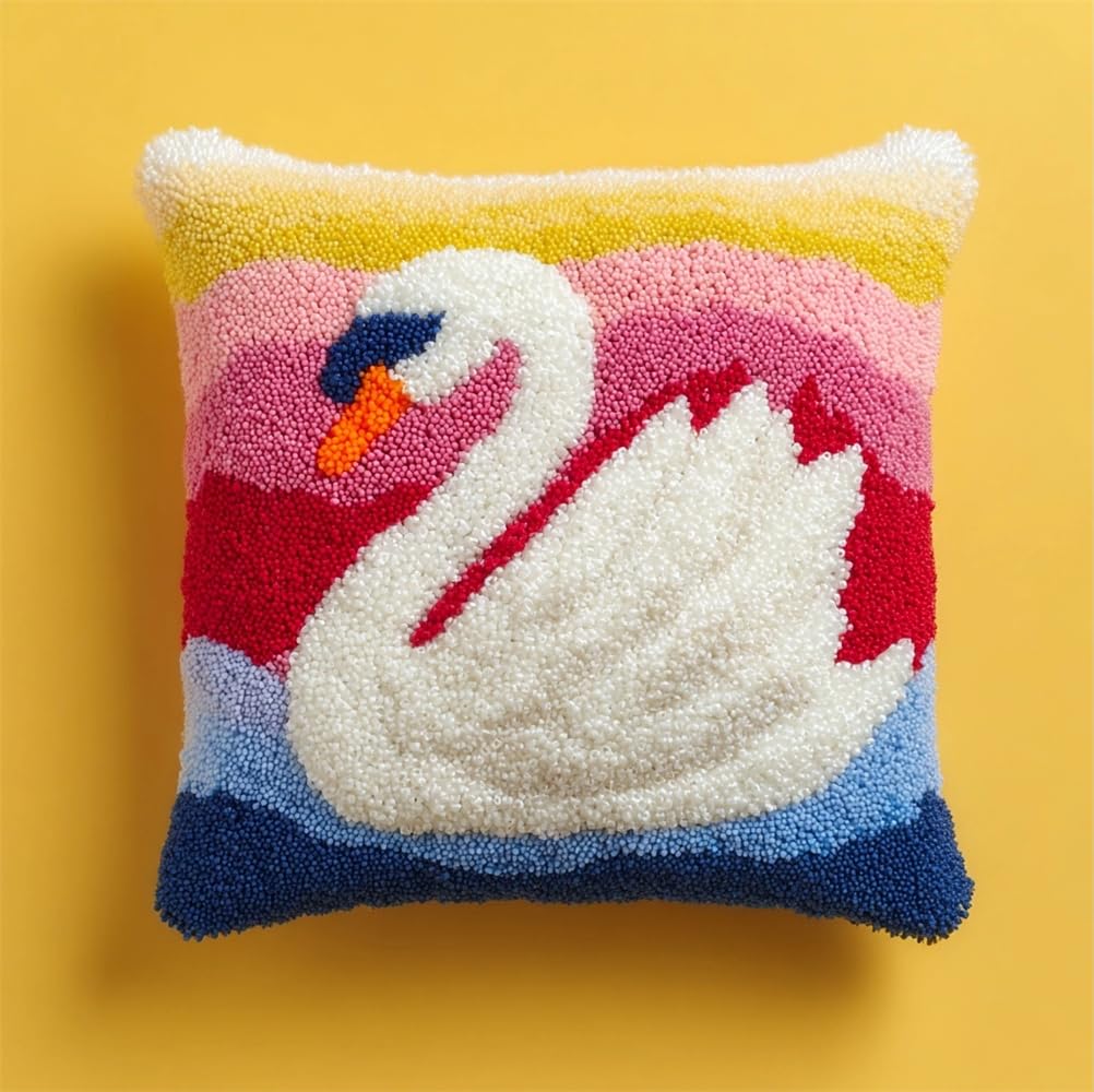 kitphoenix Latch Hook Kits for Adults -Swan Latch Hook Pillow Kits for, Crochet Yarn Kit for Beginners, DIY Needlework Crafts Cover Case with Printed Canvas 17X17Inch