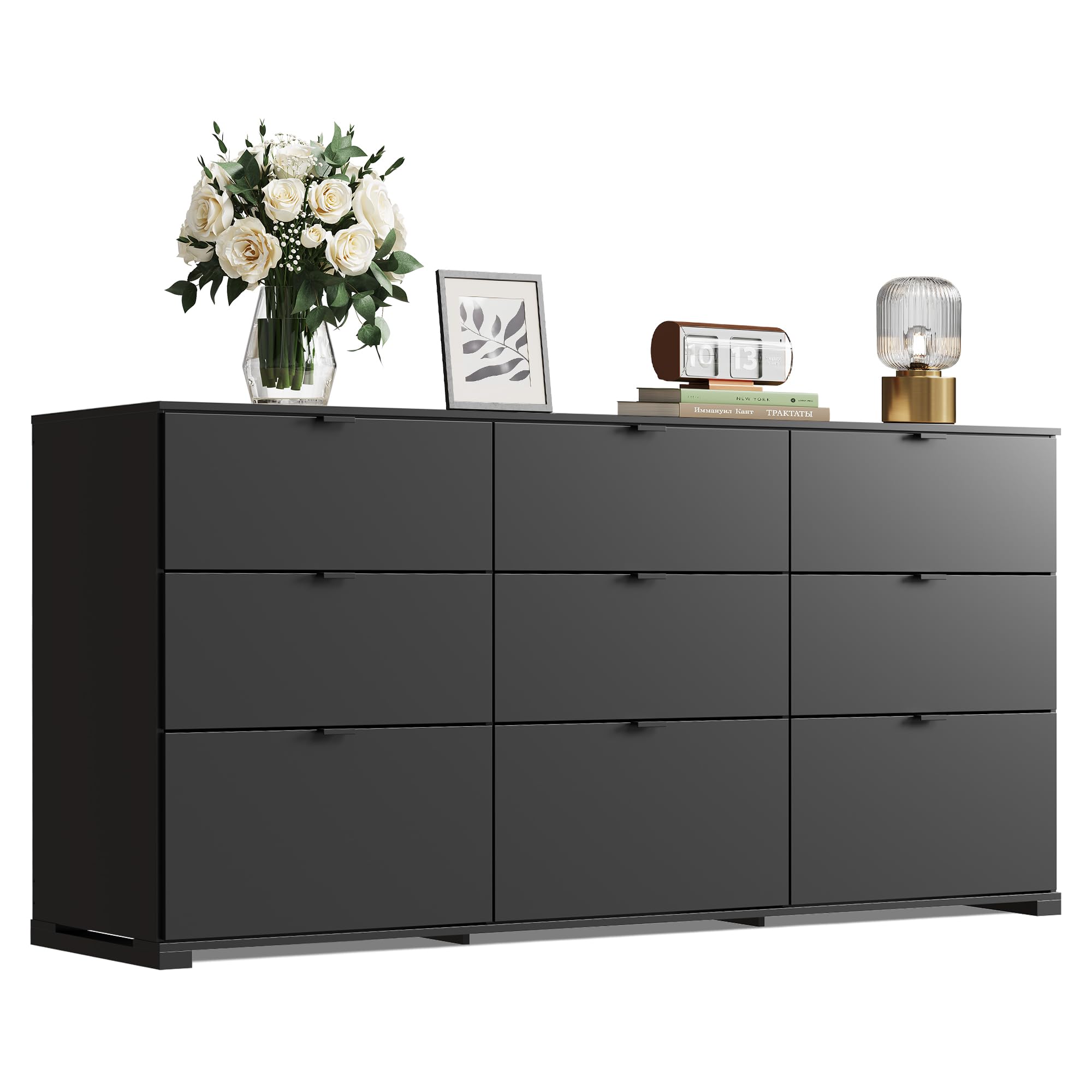 WLIVE 9 Drawer Dresser for Bedroom, 63" Wide Black Drawers Large Wooden Chest of Drawers Organize with Sturdy Metal Handle, Modern Dresser for TV