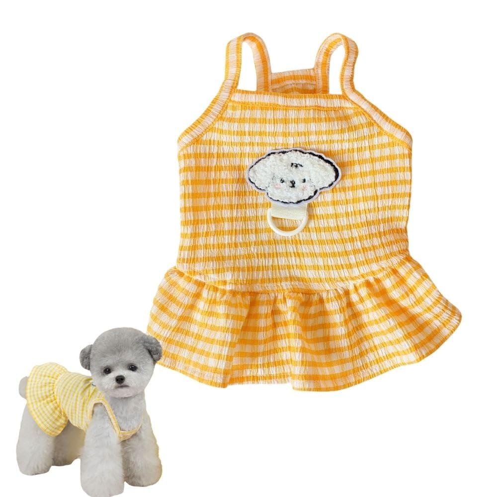 Striped Checkered Dog Dress with D-Ring, Cotton Pet Clothes for Small & Medium Dogs, Comfortable Summer Dog Outfit for Puppies(Yellow,XXL)