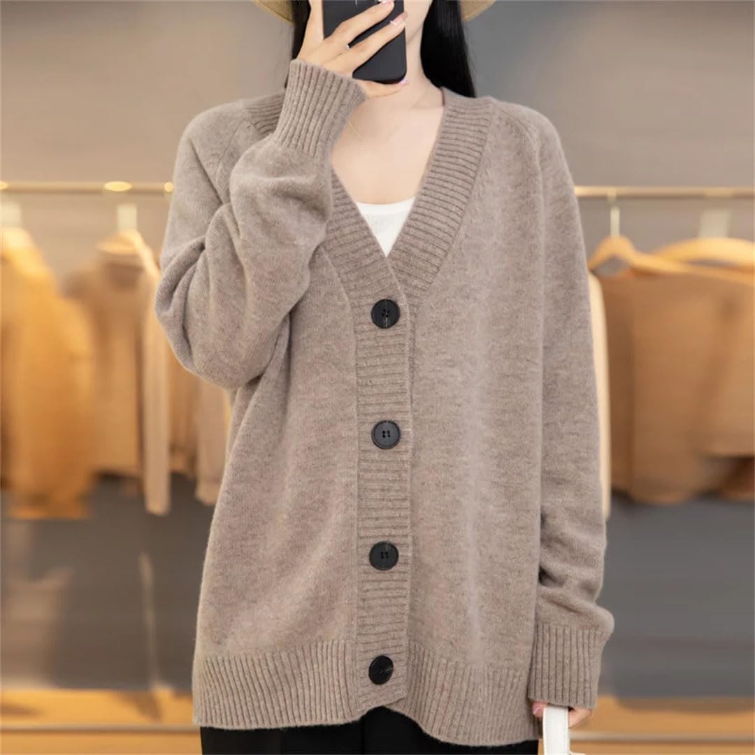 V-Neck Wool Cardigan Sweater Women Autumn Winter Long Sleeve Tops Solid Loose Warm Knitted Coat
