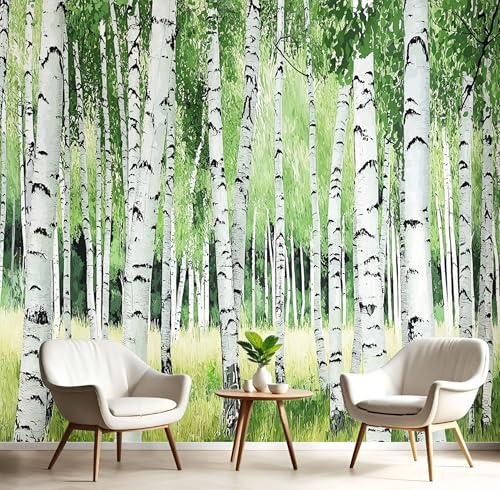 Papier peint panoramique forêt de bouleaux vert olive 250x175 cm pour salon - 2