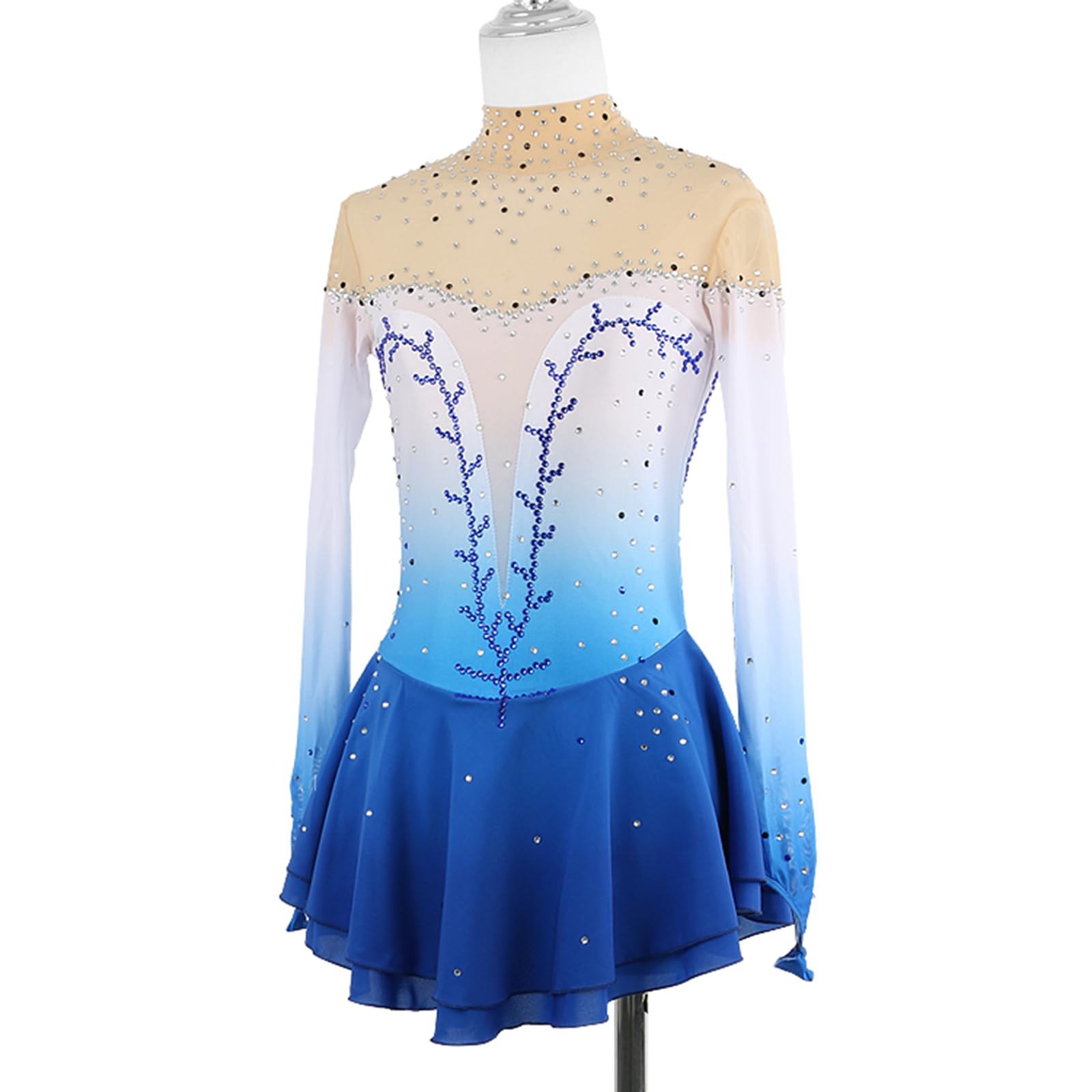 Vestido de Patinaje artístico, Cuello Alto con Diamantes de imitación degradados, Traje de competición, Leotardo de Danza lírica y Gimnasia, Vestido de Patinaje sobre Hielo (Azul XXL)