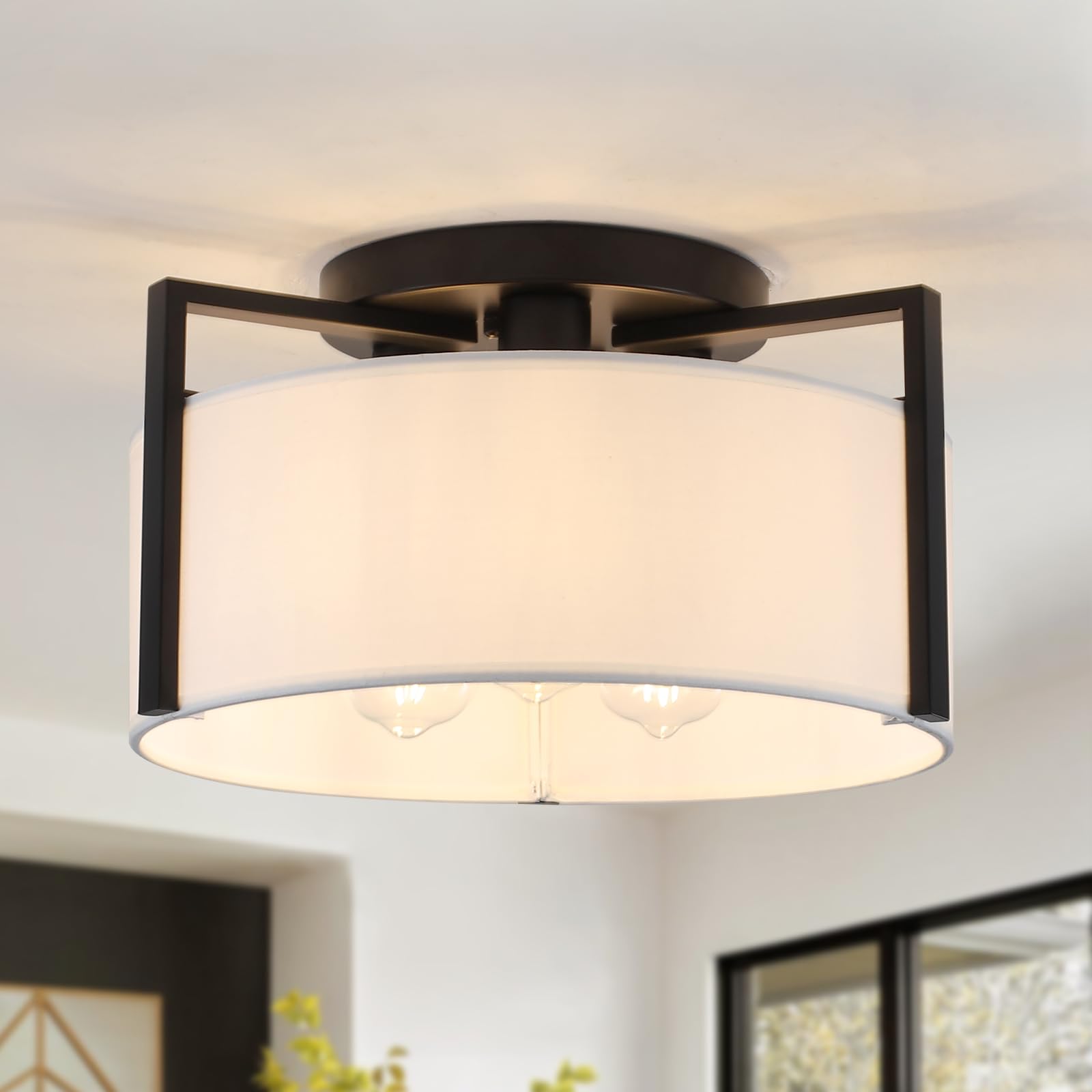 Schwarz Deckenlampe Wohnzimmer, 3 Flammig Deckenlampen mit Stoffschirm, E27 Schwarz Deckenleuchte, Ø 38CM Moderne Deckenlampe Kronleuchter für Küche, Flur, Schlafzimmer, Esszimmer