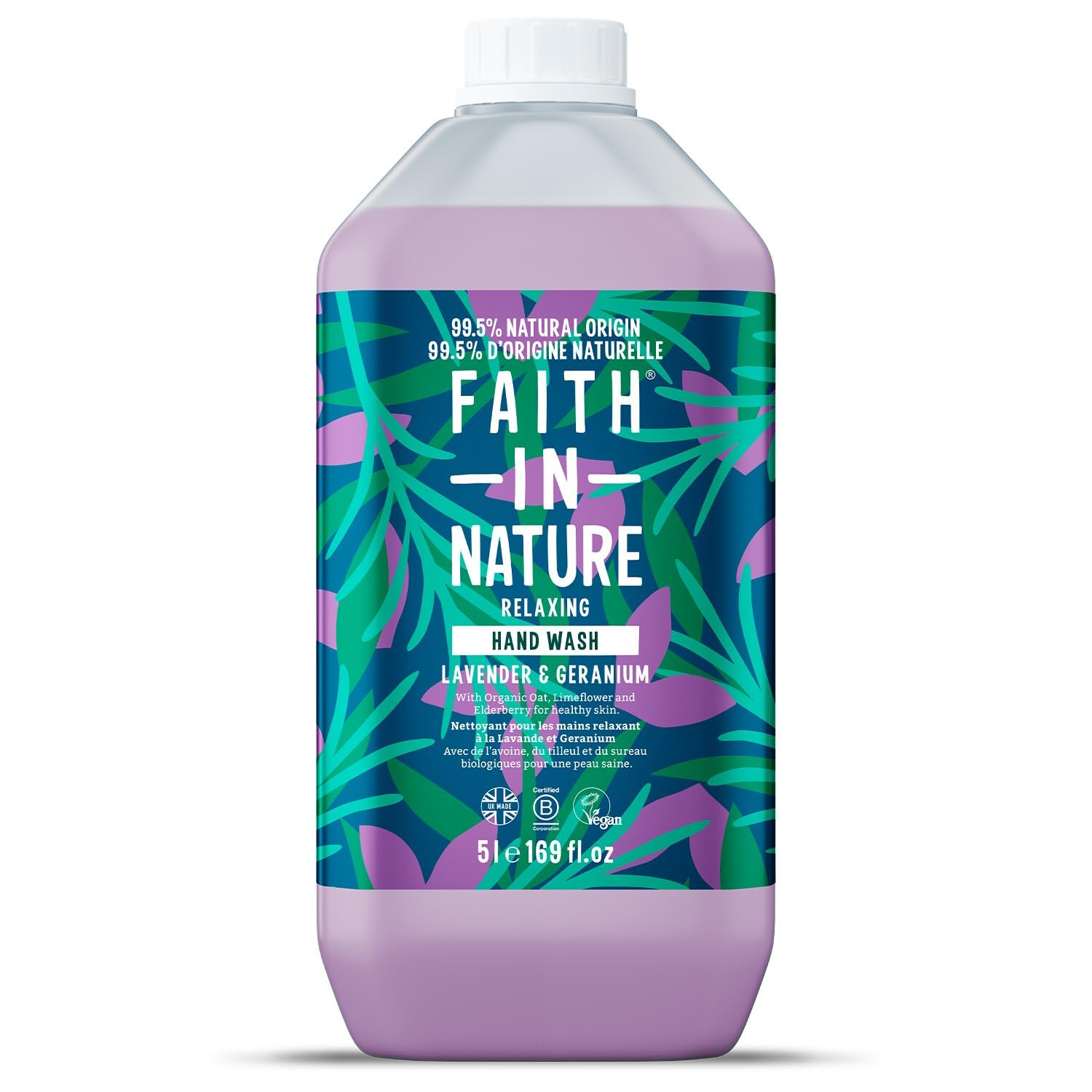 Faith In Nature Flüssige Handseife Lavendel und Geranie, Entspannend, Vegan und Tierversuchsfrei, Ohne SLS oder Parabene, 5 L Nachfüllpack