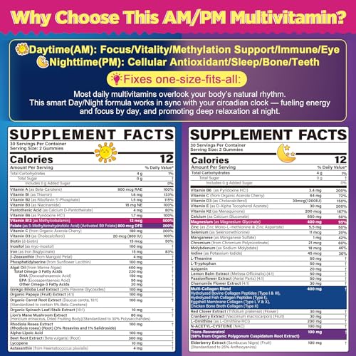 Image of NEVISS 52-in-1 Methylated Multivitamin for Women Gummies with Iron, Omega-3, B6 B9 B12 for Day | Magnesium Glycinate, Calcium, Collagen for Night Renewal /Sleep, Womens 18 30 40 50 60 70+ AM PM Daily